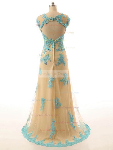 Open Back Sheath/Column Tulle Appliques Lace Sweep Train New Prom Dresses #JCD020102125