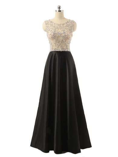 Latest Scoop Neck Satin Tulle Beading Floor-length Black Prom Dresses #JCD020102126