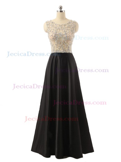 Latest Scoop Neck Satin Tulle Beading Floor-length Black Prom Dresses #JCD020102126