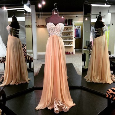Sweetheart Chiffon Crystal Detailing Sweep Train Sparkly Prom Dresses #JCD020102130