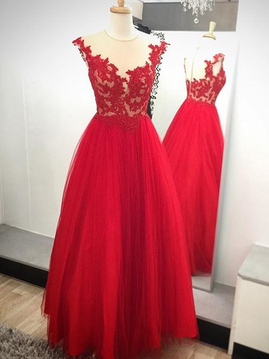 Scoop Neck Princess Red Tulle Appliques Lace Beautiful Prom Dresses #JCD020102131