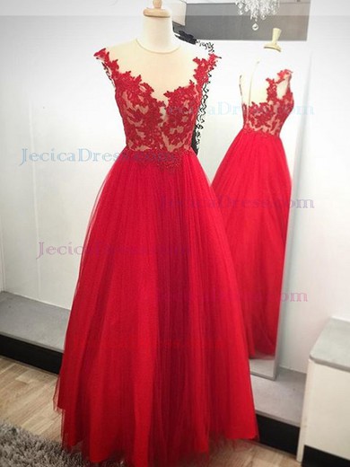 Scoop Neck Princess Red Tulle Appliques Lace Beautiful Prom Dresses #JCD020102131