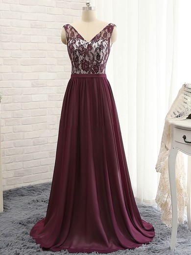 V-neck Purple Chiffon with Lace Sweep Train Nicest Prom Dresses #JCD020102133