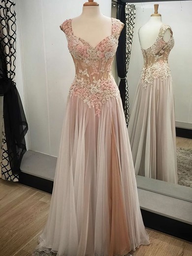 V-neck Floor-length Tulle with Appliques Lace Pretty Prom Dresses #JCD020102138