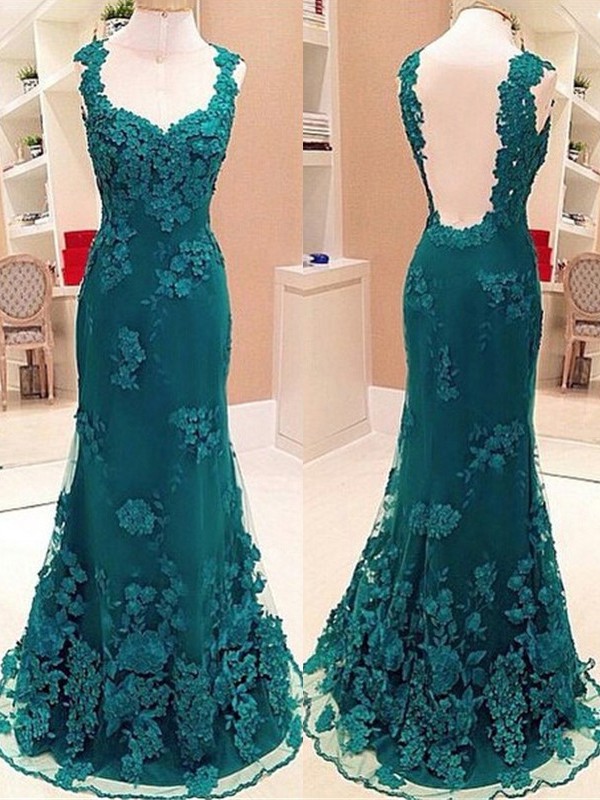 Trumpet/Mermaid Scoop Neck Dark Green Tulle Appliques Lace Classy Prom Dresses