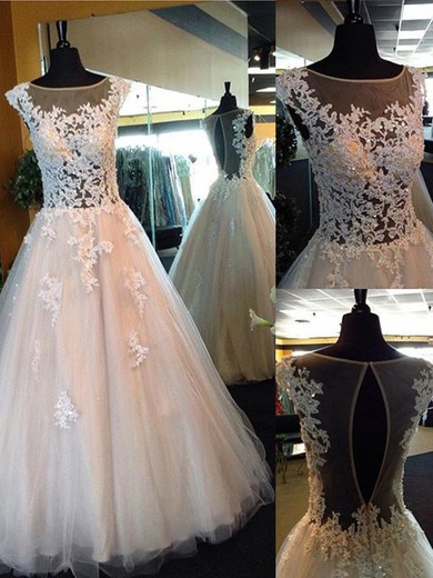 Scoop Neck Ball Gown Ivory Tulle Appliques Lace Promotion Prom Dresses #JCD020102141