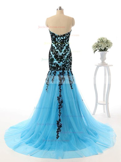 New Blue Tulle Appliques Lace Court Train Trumpet/Mermaid Prom Dresses #JCD020102143