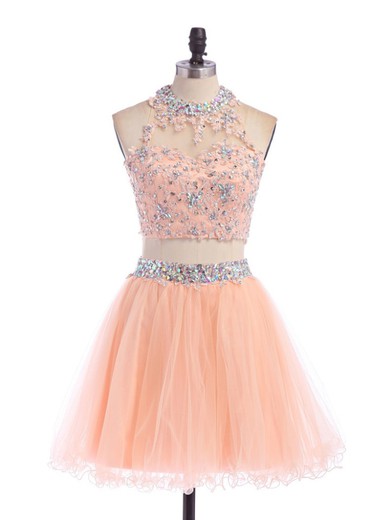 Two Piece Scoop Neck Tulle Appliques Lace Short/Mini Cute Prom Dress #JCD020102152