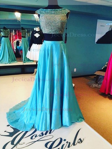 Scoop Neck Blue Elastic Woven Satin Beading Sweep Train Two Piece Prom Dress #JCD020102154