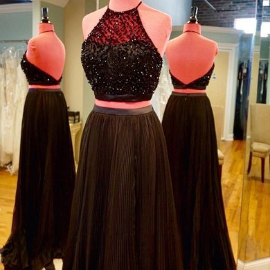 Black A-line Chiffon Tulle with Beading Halter Two Piece Prom Dress #JCD020102155