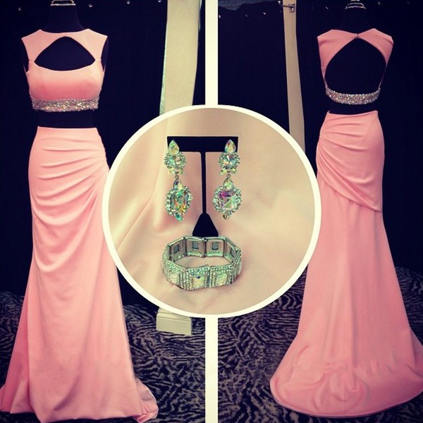 Sheath/Column Silk-like Satin Beading Open Back Two Piece Pink Prom Dress