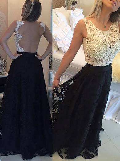A-line Black Scoop Neck Lace Pearl Detailing Famous Prom Dress #JCD020102159