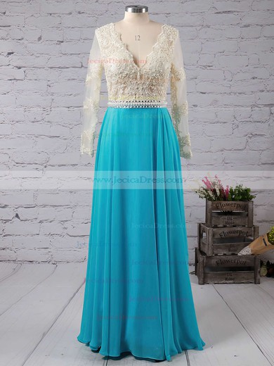 Long Sleeve V-neck Floor-length Chiffon Appliques Lace Hot Prom Dress #JCD020102161