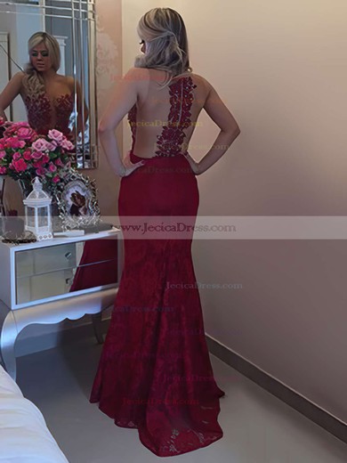 Burgundy Lace Tulle with Beading Sweep Train Trumpet/Mermaid Prom Dress #JCD020102162