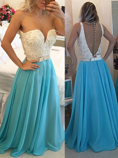 Scoop Neck Blue Chiffon Tulle Pearl Detailing Beautiful Prom Dress #JCD020102163