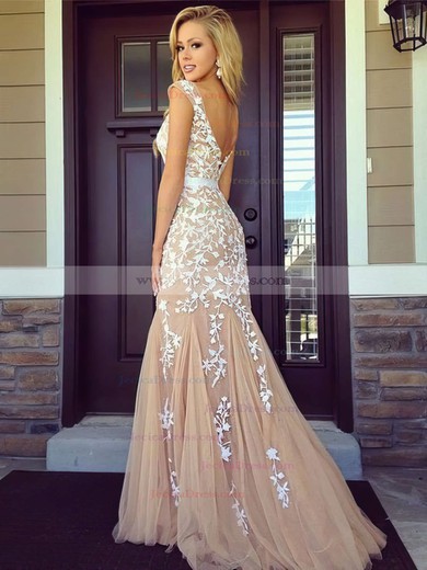 Nice Tulle Appliques Lace Sweep Train Champagne Trumpet/Mermaid Prom Dress #JCD020102164