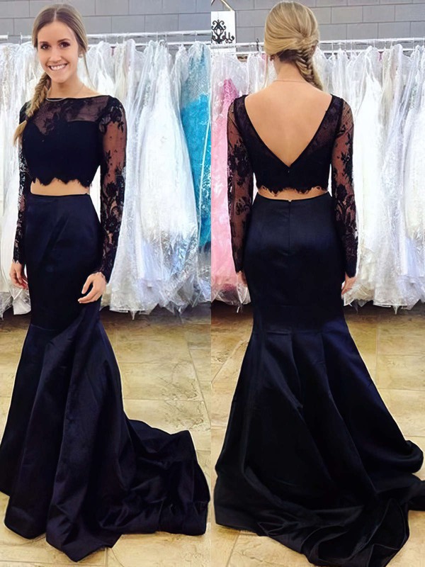 Trumpet/Mermaid Black Silk-like Satin Lace Long Sleeve Two Piece Prom Dress