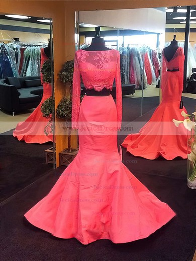 Trumpet/Mermaid Black Silk-like Satin Lace Long Sleeve Two Piece Prom Dress #JCD020102165