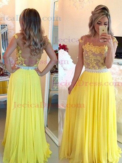 Yellow A-line Scoop Neck Chiffon Tulle Appliques Lace Long Prom Dress #JCD020102168