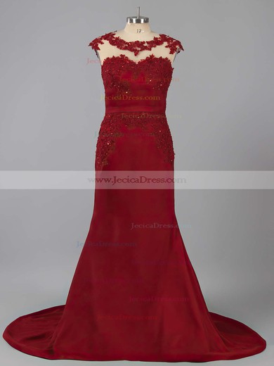 Designer Burgundy Open Back Silk-like Satin Appliques Lace Trumpet/Mermaid Prom Dress #JCD020102169