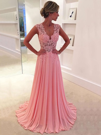 V-neck Pink Chiffon Appliques Lace Sweep Train Modest Prom Dress #JCD020102171