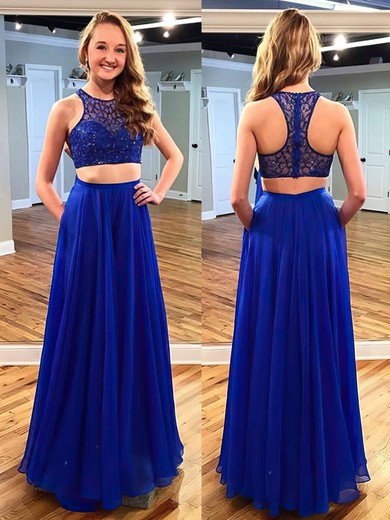 Royal Blue Scoop Neck Chiffon with Beading Perfect Two Piece Prom Dress #JCD020102173