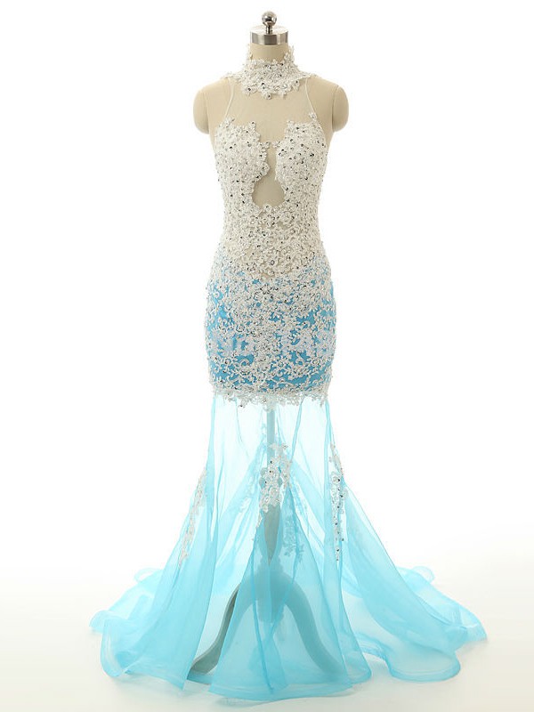High Neck Light Sky Blue Tulle Appliques Lace Boutique Trumpet/Mermaid Prom Dresses