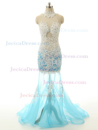 High Neck Light Sky Blue Tulle Appliques Lace Boutique Trumpet/Mermaid Prom Dresses #JCD020102097