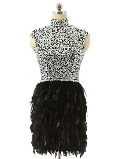 High Neck Black Open Back Tulle with Feathers / Fur Short/Mini Prom Dresses #JCD020102098