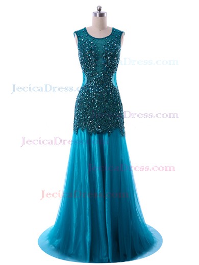 Trumpet/Mermaid Backless Tulle Sweep Train with Beading Fashion Prom Dresses #JCD020102100