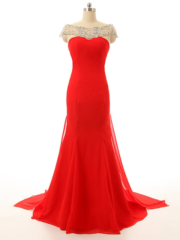 Famous Red Chiffon Watteau Train with Beading Trumpet/Mermaid Prom Dresses