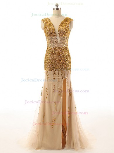 Sparkly Open Back Tulle Crystal Detailing Sweep Train Trumpet/Mermaid Prom Dresses #JCD020102103