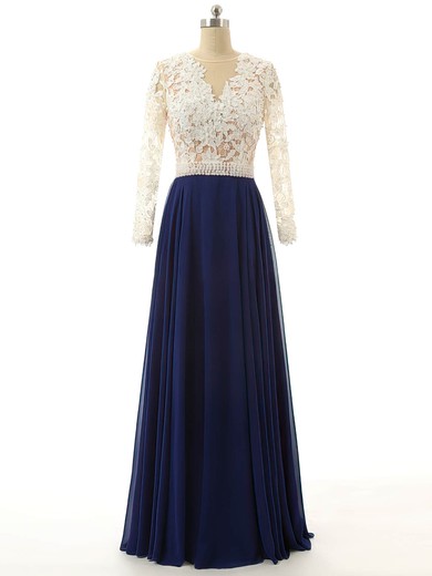 Long Sleeve A-line Scoop Neck Chiffon Tulle Appliques Lace Nice Prom Dresses #JCD020102104
