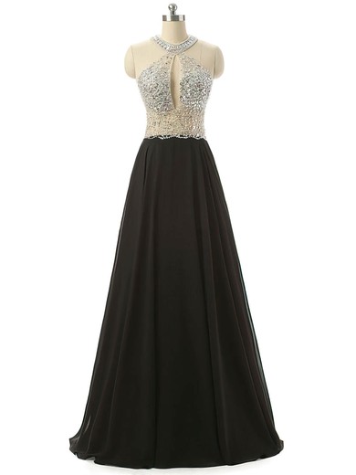 Designer Open Back Scoop Neck Chiffon Tulle Crystal Detailing Black Prom Dress #JCD020102107