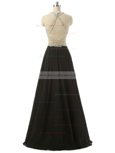 Designer Open Back Scoop Neck Chiffon Tulle Crystal Detailing Black Prom Dress #JCD020102107
