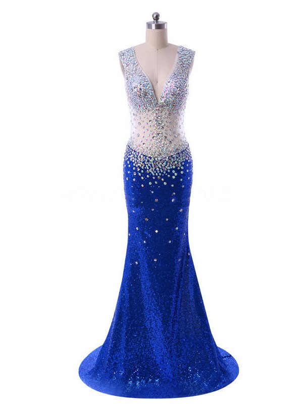 V-neck Open Back Tulle Sequined Crystal Detailing Royal Blue Trumpet/Mermaid Prom Dress