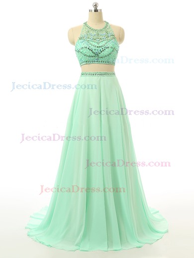 Elegant Scoop Neck Chiffon with Beading Two Piece Open Back Prom Dress #JCD020102110