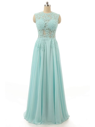 Scoop Neck Floor-length Light Sky Blue Chiffon Appliques Lace Pretty Prom Dress #JCD020102114