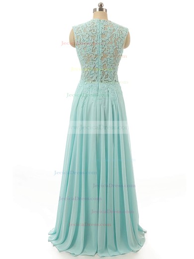 Scoop Neck Floor-length Light Sky Blue Chiffon Appliques Lace Pretty Prom Dress #JCD020102114