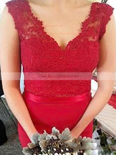 Trumpet/Mermaid Red Silk-like Satin Appliques Lace V-neck Bridesmaid Dresses #JCD01012744