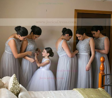 Scoop Neck Gray Tulle Sashes / Ribbons Floor-length Modest Bridesmaid Dresses #JCD01012747