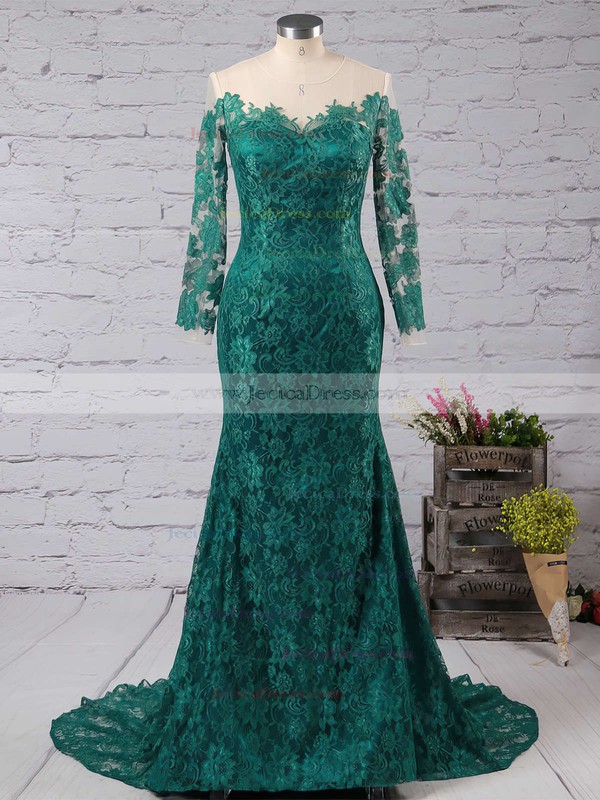 Scoop Neck Vintage Dark Green Lace Tulle Long Sleeve Trumpet/Mermaid Prom Dresses #JCD020102176