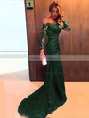 Scoop Neck Vintage Dark Green Lace Tulle Long Sleeve Trumpet/Mermaid Prom Dresses #JCD020102176