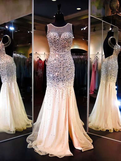 Sexy Scoop Neck Tulle Crystal Detailing Trumpet/Mermaid Backless Prom Dresses #JCD020102181