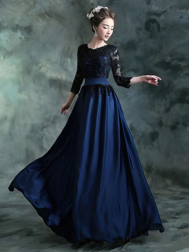 3/4 Sleeve Tulle Elastic Woven Satin Appliques Lace Scoop Neck Custom Long Prom Dresses #JCD020102182