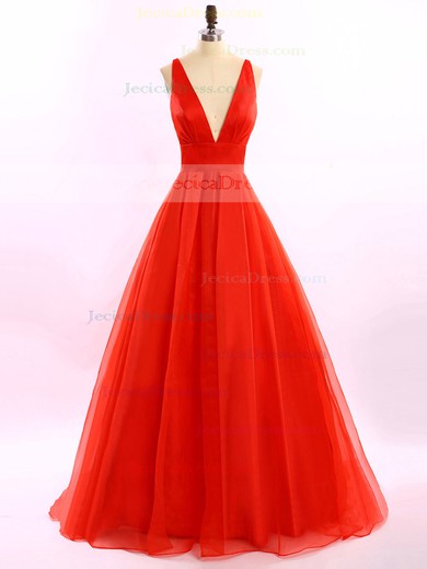V-neck Ruffles Red Tulle Floor-length Open Back Prom Dresses #JCD020102184
