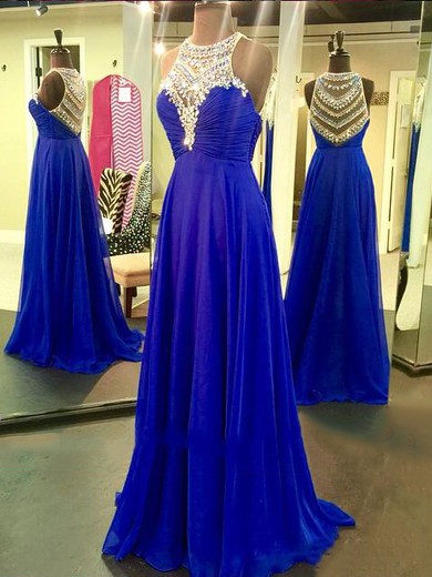 Beautiful Scoop Neck Sweep Train Chiffon Tulle Beading Royal Blue Prom Dresses #JCD020102185