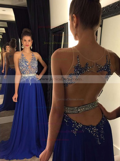 Royal Blue Chiffon Tulle with Beading Sweep Train Sexy Open Back Prom Dresses #JCD020102188