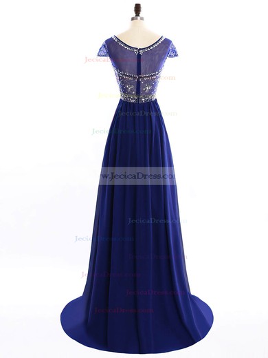 Scoop Neck Sweep Train Chiffon Tulle Beading Royal Blue Short Sleeve Prom Dresses #JCD020102194