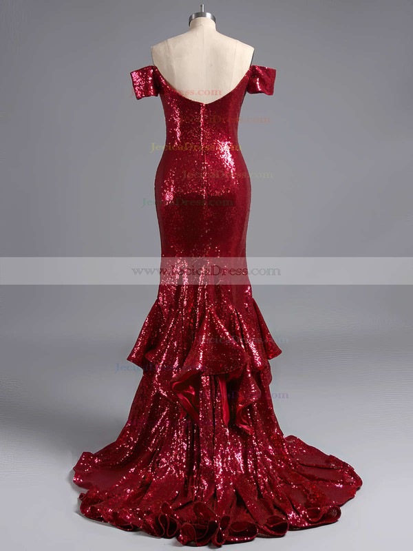 Off-the-shoulder Trumpet/Mermaid Good Burgundy Sequined Split Front Prom Dresses #JCD020102197